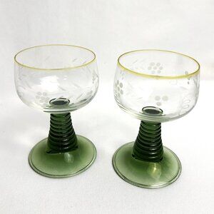 Roemer Vintage Beehive Green Stem Glasses Set of 2 Etched Grapevine Barware 4 oz
